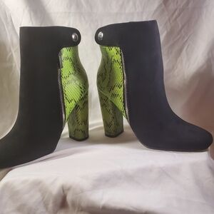 Shoe Dazzle Black Suede Ankle Boots with Lime Green Snake-Print Heel